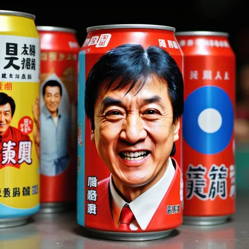 Prompt: A taiwan soda can with hilarious Jackie Chan‘s face printed on it.