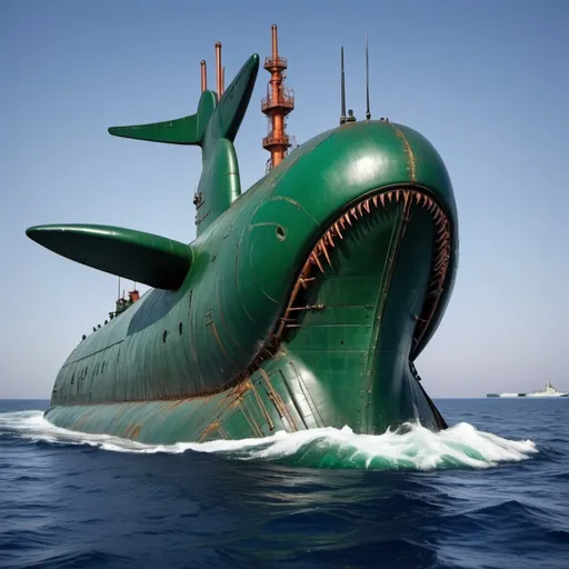 Prompt: A submarine made of steel in the shape of a gigantic whale. It is in the deep ocean shooting missiles towards other submarines. It is painted green，with rust on edge of steel pads. The mark of CCP is printed on the side.