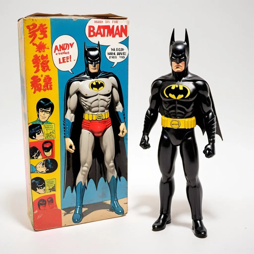 Prompt: Vintage batman figure with andy warhol's head sealed in plastic box on a papaer backcard painted with Bruce Lee comics.