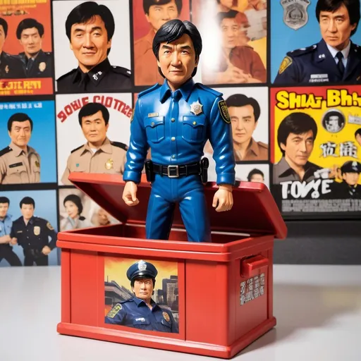 Prompt: A rotocast vinyl toy figure of Jackie Chan in police uniform in a toy box painted with Shao Brothers movie posters.