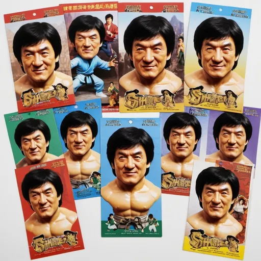 Prompt: Multiple keshi rubber figures of Jackie Chan in different colors sealed in plastic bag with a paper backcard painted with Shao Brothers Kungfu movie posters.