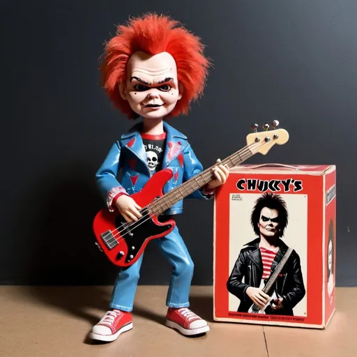 Prompt: A vintage toy figure of Sid Vicious in Chucky‘s clothes playing bass. Alongside is a big paper toy box printed with sexpistols album posters.
