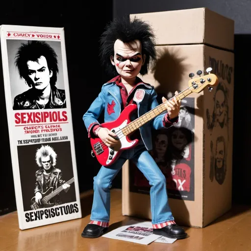 Prompt: A vintage toy figure of Sid Vicious in Chucky‘s clothes playing bass. Alongside is a big paper toy box printed with sexpistols album posters.