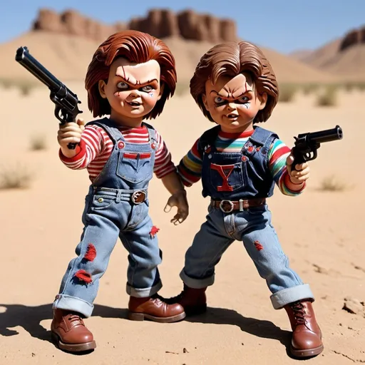 Prompt: A combat scene of a vintage chucky toy figure and vintage stallone toy figure pulling guns at each other in a desert. Both chucky and stallone wear cowboy jeans and boots.