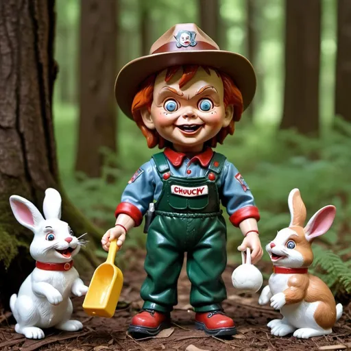 Prompt: A vintage toy figure of Chucky in uniform of forest ranger feeding rabbits in a national forest park. He smiles with a viscious grin.