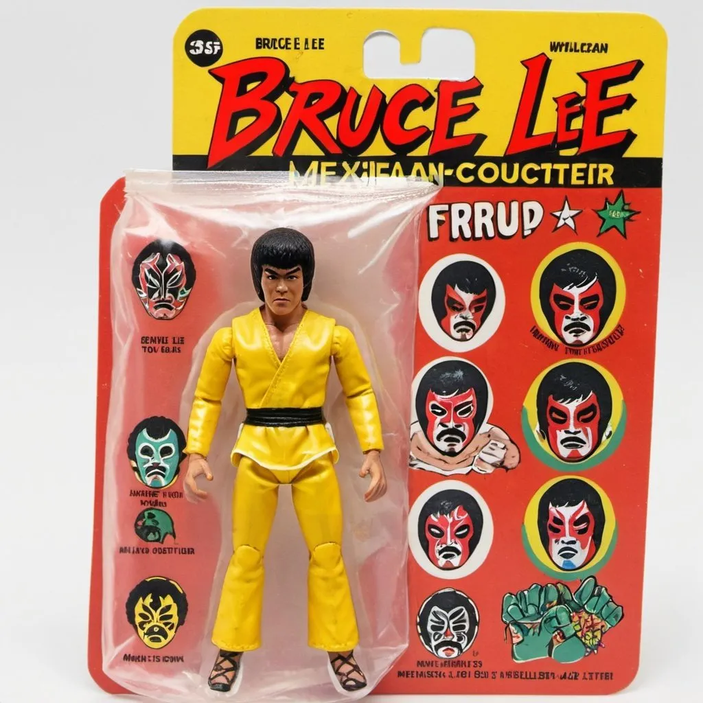 Prompt: vintage 3.75 bruce lee toy figure with mexican wrestler costume sealed in plastic bags.
backcard is painted with mexican wrestler masks and wrestling techniques in vintage comic style.
