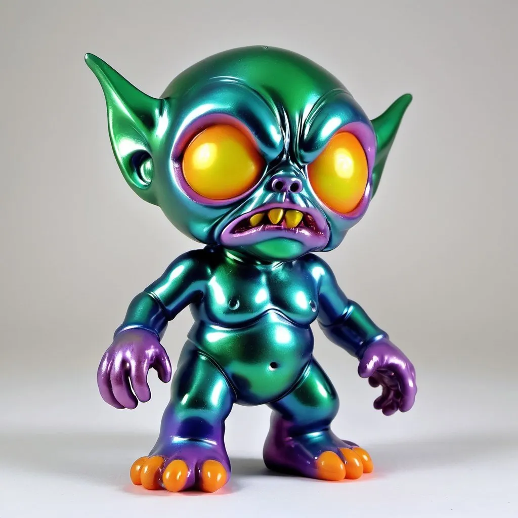 Prompt: A demon sofubi figure in orange soft vinyl. Its head is the same size as its chest，with deep hollow eye sockets. Its face and body are full of wrinkles.Its body is in very muddy and slimy texture. It is painted with mostly  metalic blue and yellow spray along the longitudinal axis of the body，and sporadic metalic green and metalic purple all over the body. Also metalic pink on the lips. Lips must be pink. Body must be a pile of slime.