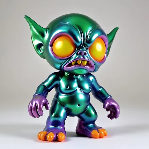 Prompt: A demon sofubi figure in orange soft vinyl. Its head is the same size as its chest，with deep hollow eye sockets. Its face and body are full of wrinkles.Its body is in very muddy and slimy texture. It is painted with mostly  metalic blue and yellow spray along the longitudinal axis of the body，and sporadic metalic green and metalic purple all over the body. Also metalic pink on the lips. Lips must be pink. Body must be a pile of slime.