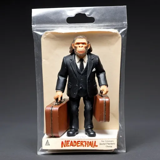 Prompt: A neanderthal toy figure in blacksuit with a suitcase in hand. It is sealed in plastic bubble stitched to a paper backcard painted with a crowded underground carriage scenes.