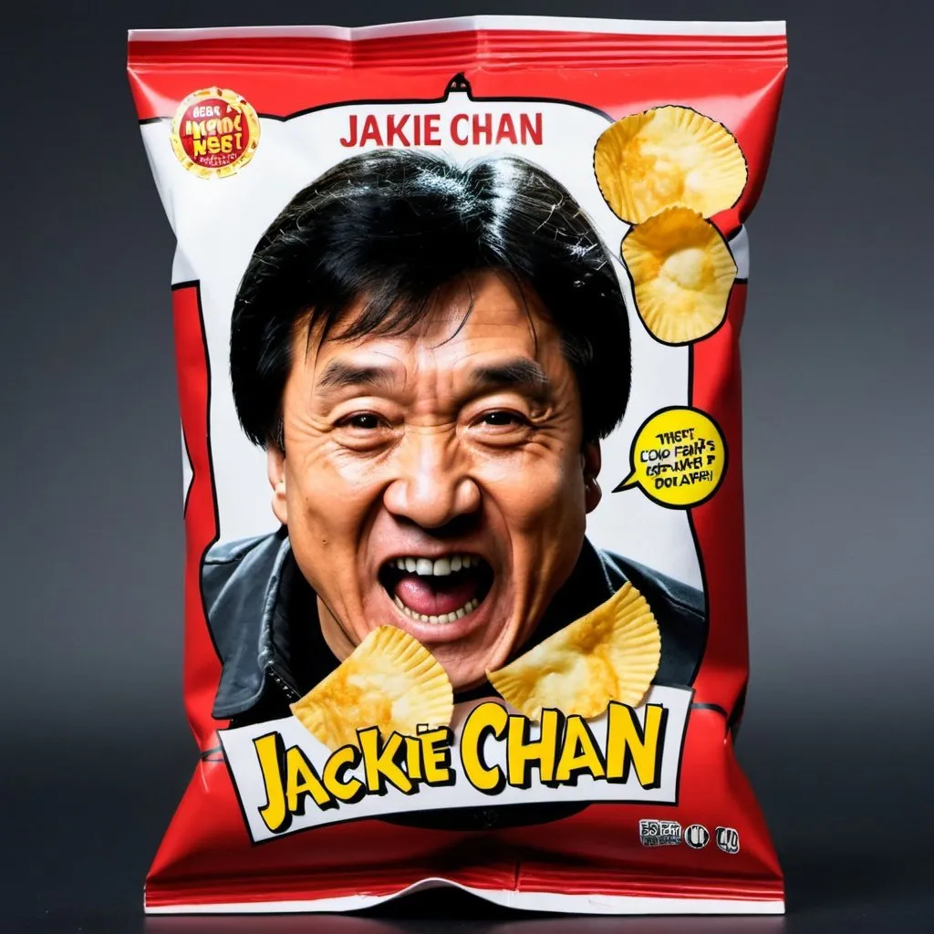 Prompt: Potato chip package with hilarious comic Jackie Chan‘s face  printed on it.