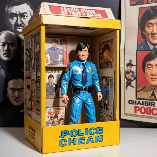 Prompt: A vintage action figure of Jackie Chan in police uniform in a paper toy box painted with Shao Brothers movie posters with a transparent window.