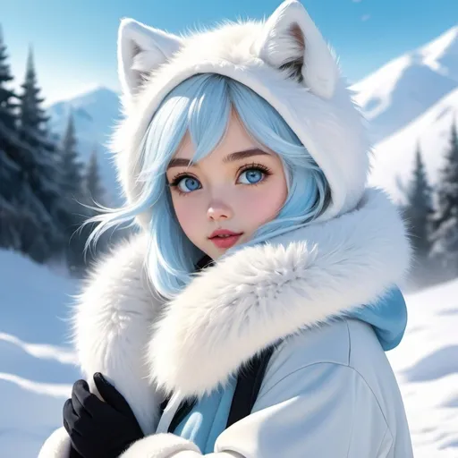 Prompt: Anime-style digital painting of a girl with baby blue eyes and white baby blue hair, wearing heavy winter clothes, cute and timid, arctic fox ears and arctic fox tail, set in a snowy landscape with soft and diffused lighting, detailed fur, cool tones, high quality, detailed eyes, winter fashion, snowy setting, baby blue hair, baby blue eyes, cute and timid, heavy winter clothes, soft and diffused lighting, digital painting, anime style, detailed fur