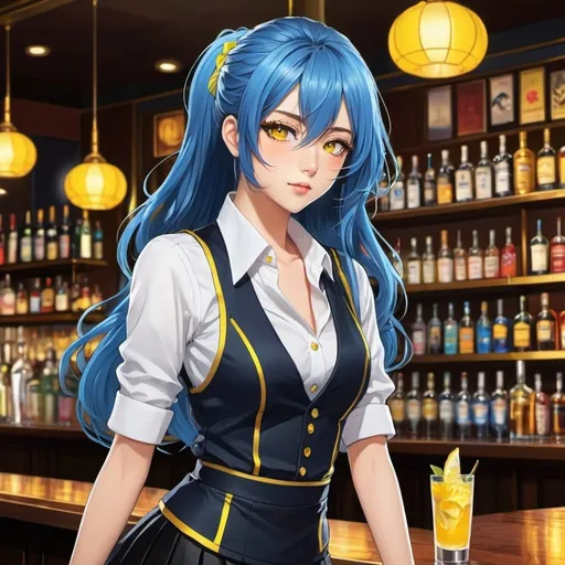 Prompt: Anime illustration of a bartender, long blue hair with yellow highlights, gold eyes, white crop top, black skirt, anime art style, vibrant colors, detailed hair, professional attire, intense gaze, unique character design, artistic lighting