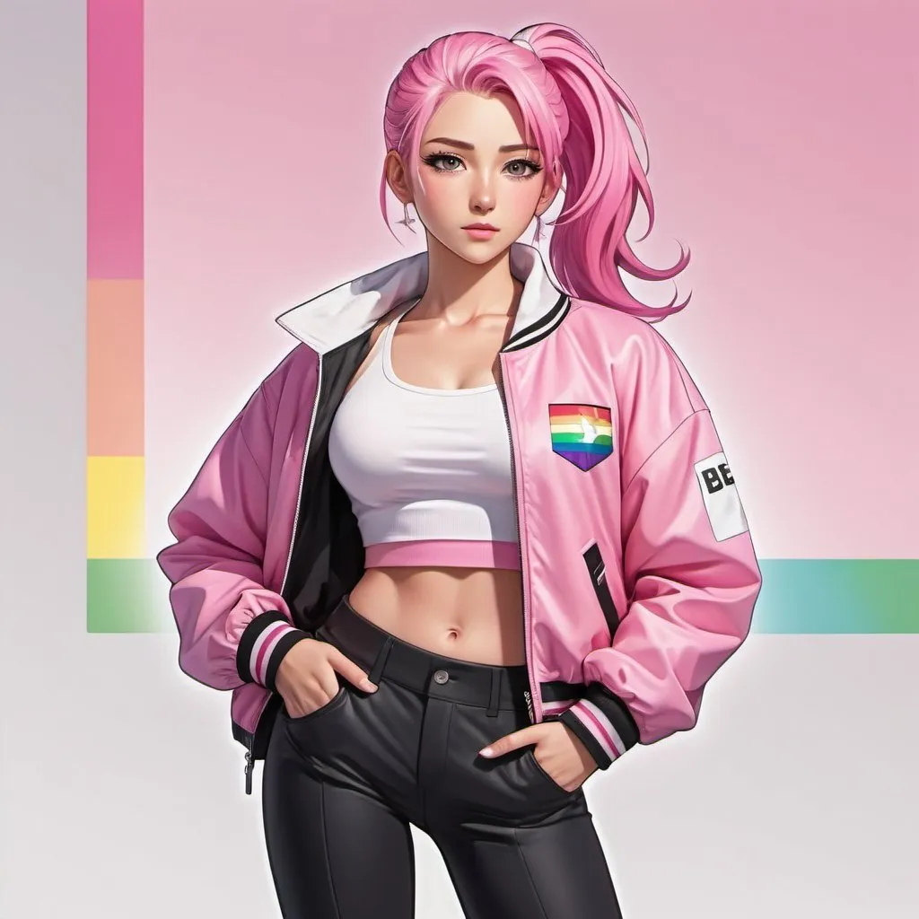 Prompt: Anime artwork of a confident character, full body, shy expression, light pink-haired character with magenta eyes, wearing a designer pink jacket and black pants, sporting a white crop top, with a ponytail, lgbt pride flag, best quality, highres, anime, pastel colors, shy expression, confident, detailed eyes, stylish design, professional, soft lighting