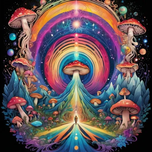 Prompt: journey in consciousness made with mushrooms where you can observe the entire universe that is oneself with soft, colorful, bastract lines but with meaning in respect to the light, alchemic simbols, sacred geometry, awarness humanity ascend, vector t-shirt art, no background, high definition, psychedelic colors, psychedelic patterns