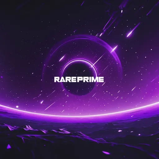 Prompt: a purple space backround and the words Rareprime in the middle with a glitch font