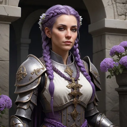 Prompt: Photorealistic full body picture of a female human life cleric in her thirties, purple braided  hair, small flowers in hair, heavy armor, graveyard setting, crypt setting, atmospheric light, DnD, DnD style, high quality, detailed hair, realistic lighting, professional, detailed facial features, detailed coloring, high resolution, realistic rendering, detailed hands, Persephone,