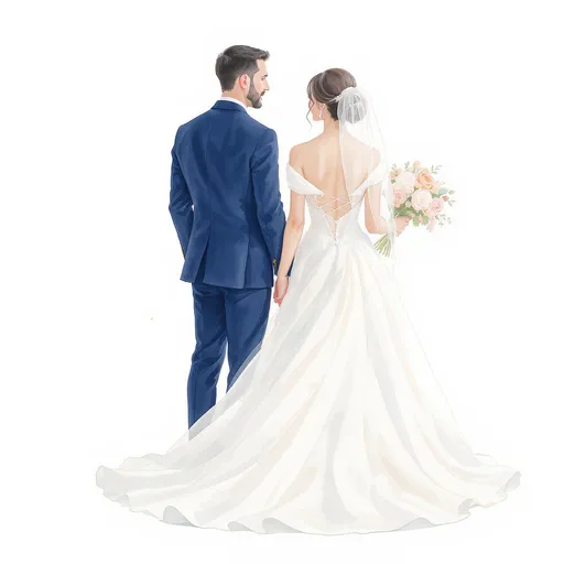 Prompt: “Romantic watercolor illustration of a bride and groom standing close together, viewed from behind. The bride wears a flowing white gown with an open back and long train, holding a bouquet of soft pink and peach flowers. The groom wears a classic navy blue suit. Gentle brush strokes, pastel tones, soft lighting, and delicate watercolor splashes. Minimal white background, elegant fine-art style, high resolution, perfect for digital wedding clipart and invitations.”