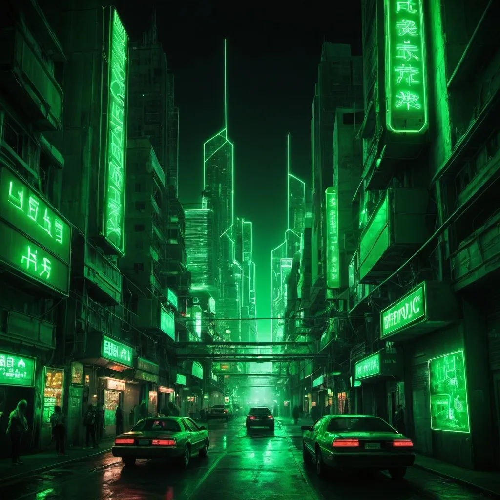 Prompt: Green, distopic, technologic, neon, city
