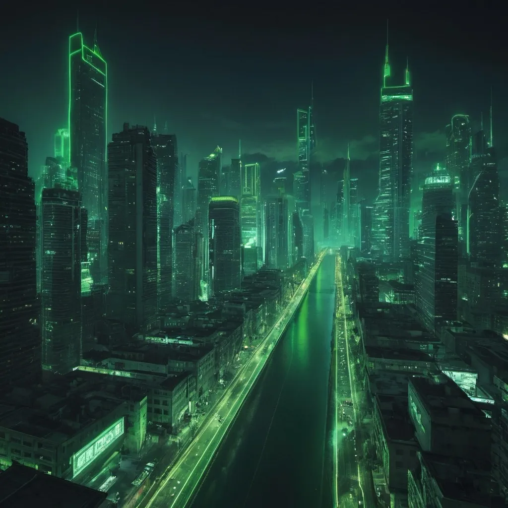 Prompt: Green, distopic, technologic, neon, city