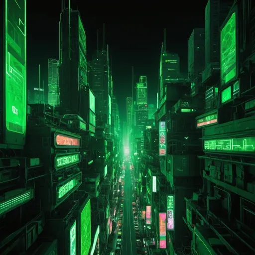 Prompt: Green, distopic, technologic, neon, city
