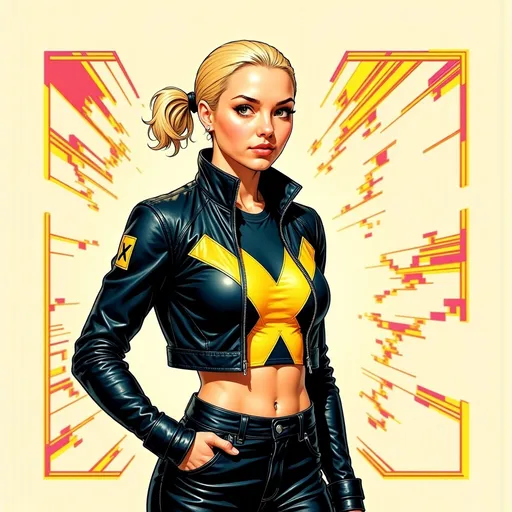 Prompt: Young bald girl, punk outfit, superhero, line art style, x-men comics inspired. Vest and black leather jeans. X-men symbol on vest. Cassandra Nova. Colored line-art style. Comic book abstract background.