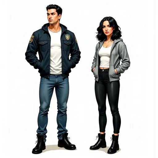 Prompt: (colored lineart), (Comic book inspired), tan skin, Man with athletic build, white tank top under police windbreaker jacket, short black hair, jeans, black boots. Standing next to woman with wavy shoulder-length hair, white t-shirt under gray hoodie, black jeans, and boots.