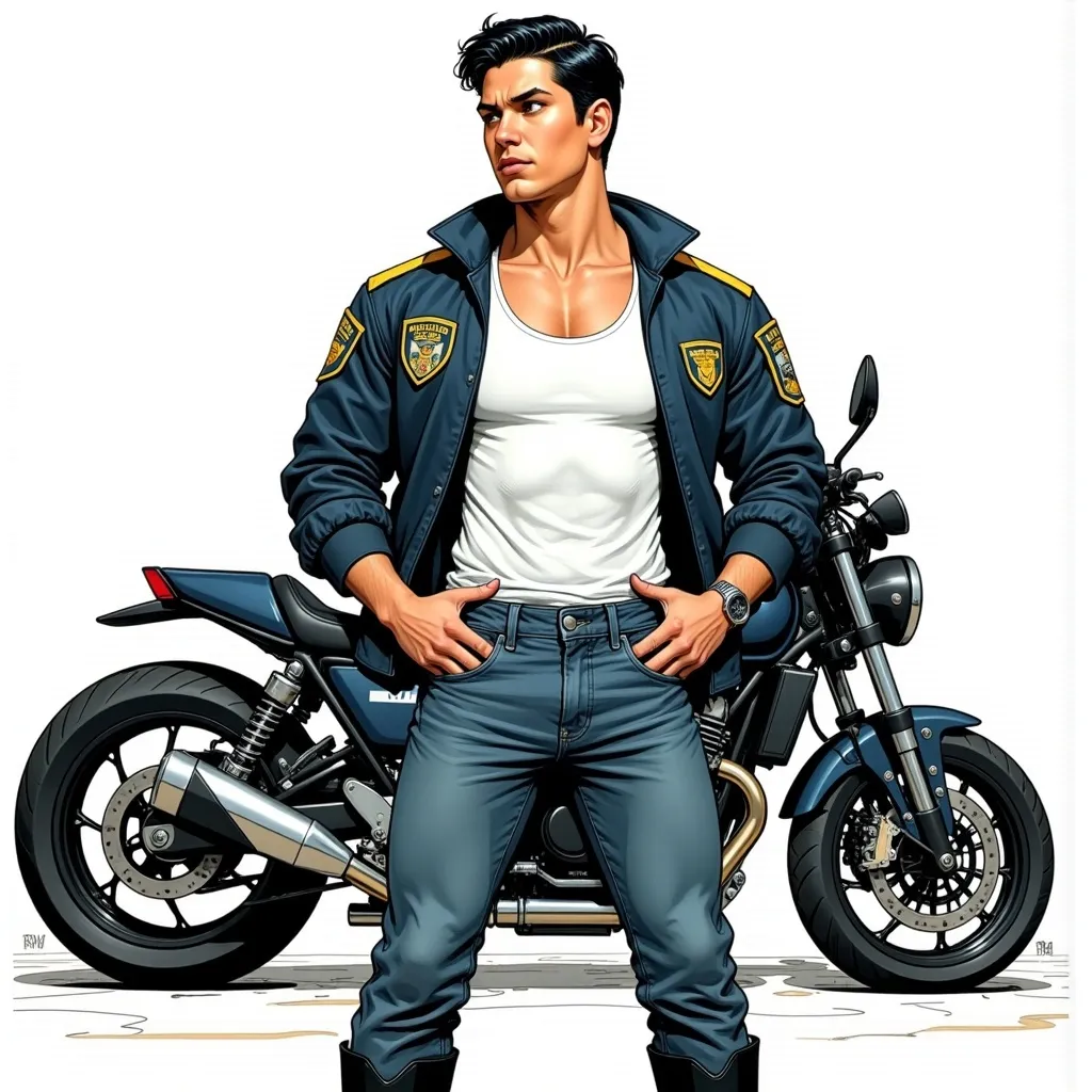 Prompt: (colored lineart), (Comic book inspired), tan skin, Man with athletic build, white tank top under police windbreaker, short black hair, jeans, black boots. Standing in front of a motorcycle.