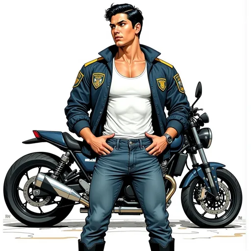 Prompt: (colored lineart), (Comic book inspired), tan skin, Man with athletic build, white tank top under police windbreaker, short black hair, jeans, black boots. Standing in front of a motorcycle.