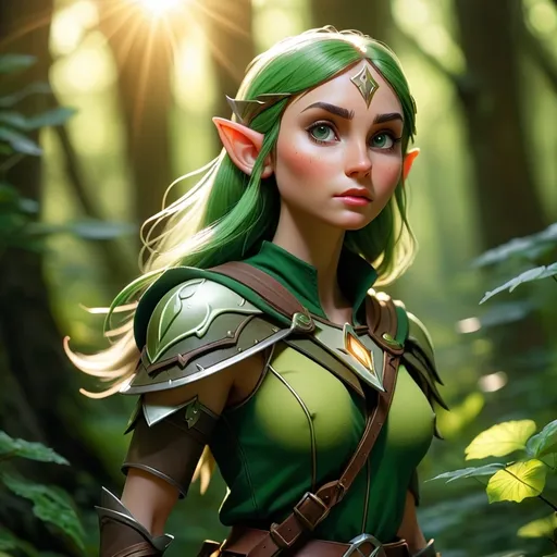 Prompt: Elf ranger in a mystical forest around sunlight