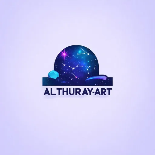 Prompt: Create a vector graphic logo with the name (Althuray_art) inspired by space themes. The design should feature colors drawn from the cosmos, particularly deep blue and purple shades. Incorporate lighting effects that mimic the sparkle and glow of stars, giving the logo a vibrant and dynamic appearance. The logo should be clean and modern, with geometric elements that represent stars or constellations. Use smooth lines and gradients to create a sense of depth and dimensionality. Ensure that the design is scalable and maintains high quality at any size, suitable for both digital and print media. The overall style should reflect the creativity and innovation of a graphic designer.
