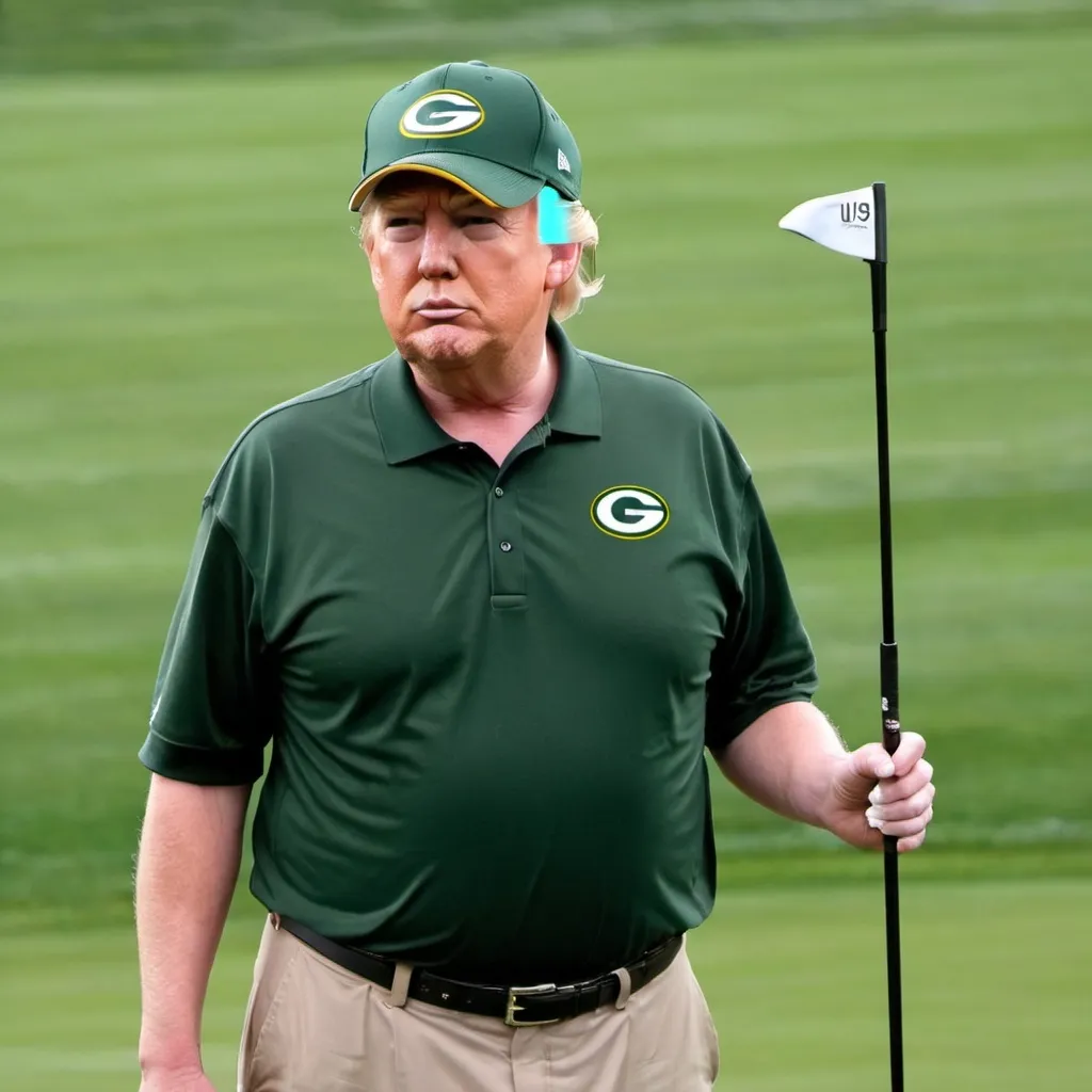 Prompt: donald trump in a green bay packers jersey holding a golf club
