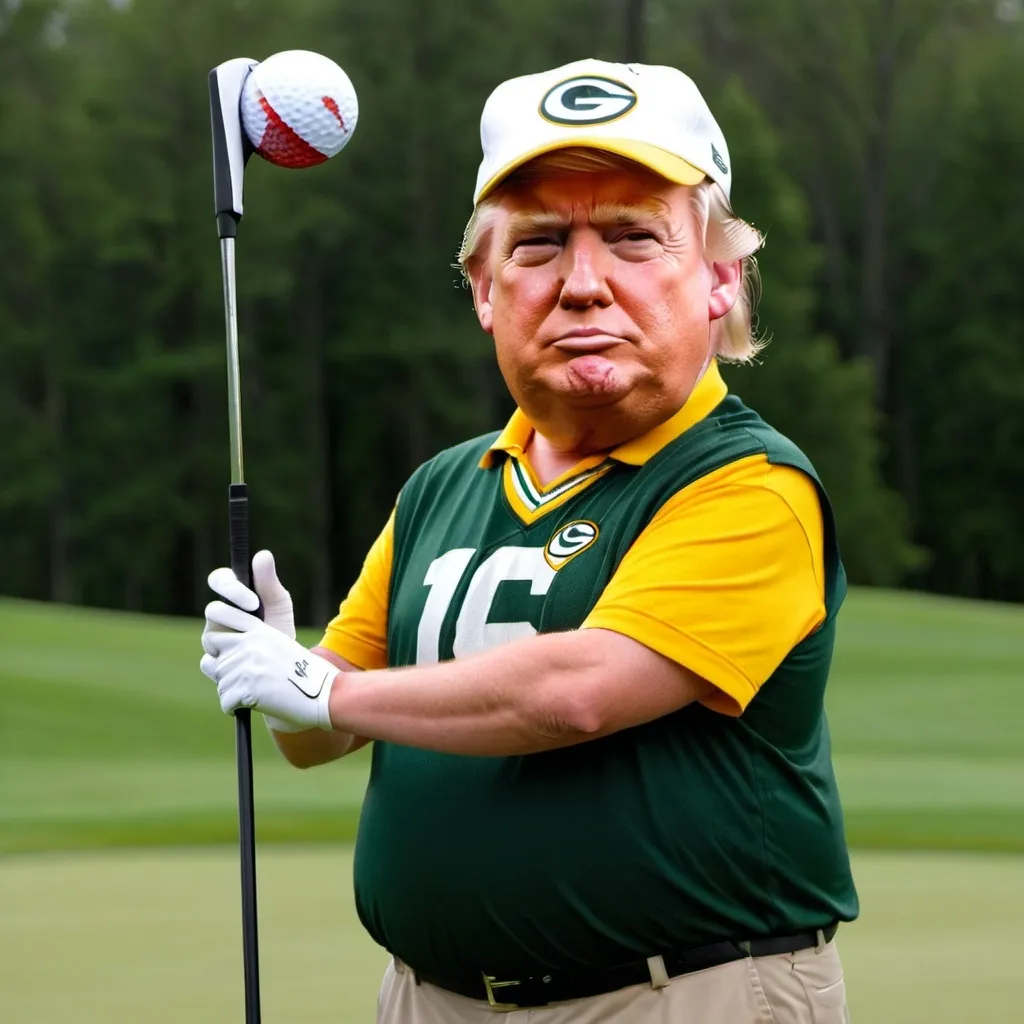 Prompt: small picture of donald trump in a green bay packers jersey holding a golf club
