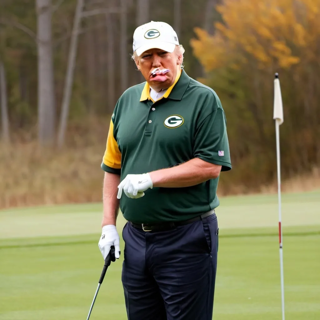 Prompt: small picture of donald trump in a green bay packers jersey holding a golf club
