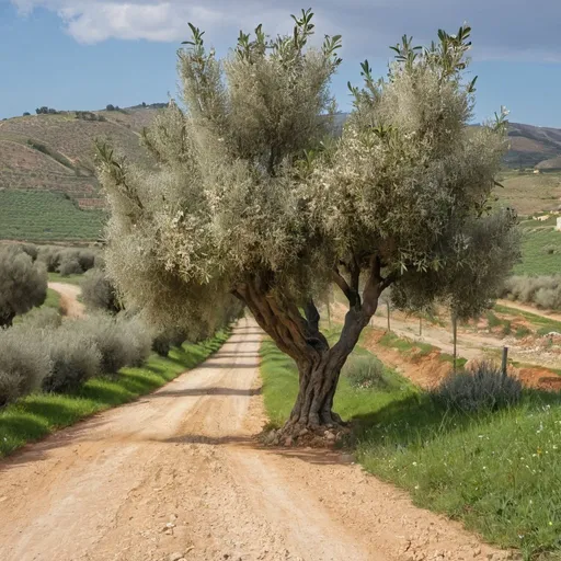 Prompt: olive tree in bloom on a dirt road
