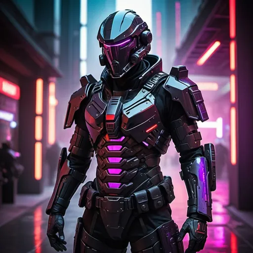 Prompt: Futuristic urban mercenary patrol armour design, black-coloured metal alloy plating, red and purple neon lights, sharp sabre on the waist, intricate details, cyberpunk, high-tech, professional, dynamic lighting, urban setting, intense atmosphere, best quality, high res, ultra-detailed, sci-fi, futuristic, cyberpunk, detailed design, sleek and shiny