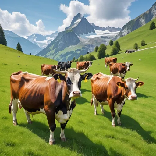 Prompt: Herd of cows grazing in a Swiss mountain grass field, alpine landscape, bell-wearing cows, vibrant green grass, picturesque mountain scenery, high quality, realistic, natural lighting, detailed fur, peaceful atmosphere