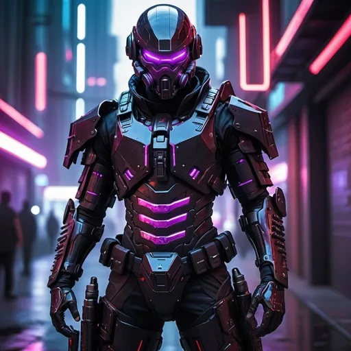 Prompt: Futuristic urban mercenary patrol armour design, black-coloured metal alloy plating, red and purple neon lights, sharp sabre on the waist, intricate details, cyberpunk, high-tech, professional, dynamic lighting, urban setting, intense atmosphere, best quality, high res, ultra-detailed, sci-fi, futuristic, cyberpunk, detailed design, sleek and shiny