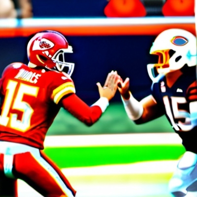 Prompt: Quarterback wearing a KC Chiefs uniform with “Mahomes” on back and number 15 passing football to a player in Chicago Bears jersey with number 2 catching it.