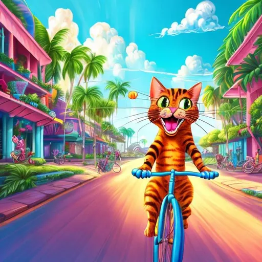 Prompt: Cat riding a bicycle, mouse falling behind on a bicycle, vibrant Caribbean setting, cartoonish style, tropical colors, dynamic action, detailed fur and whiskers, humorous expression, high quality, cartoon, vibrant colors, dynamic scene, humorous, tropical lighting