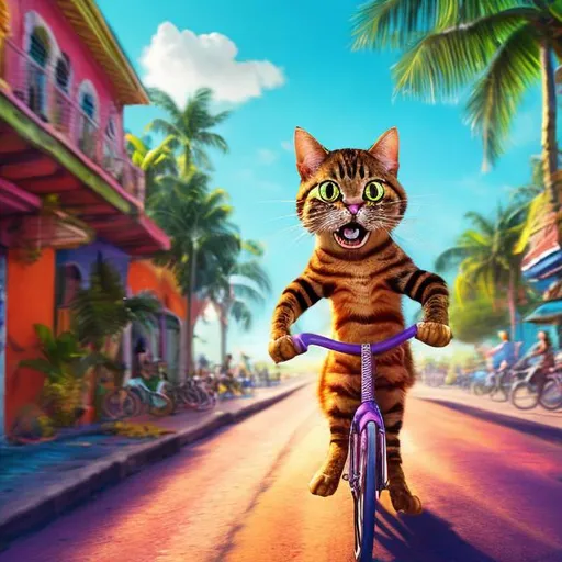 Prompt: Cat riding a bicycle, mouse falling behind on a bicycle, vibrant Caribbean setting, realistic 4k style, tropical colors, dynamic action, detailed fur and whiskers, humorous expression, high quality, real photo style vibrant colors, dynamic scene, humorous, tropical lighting