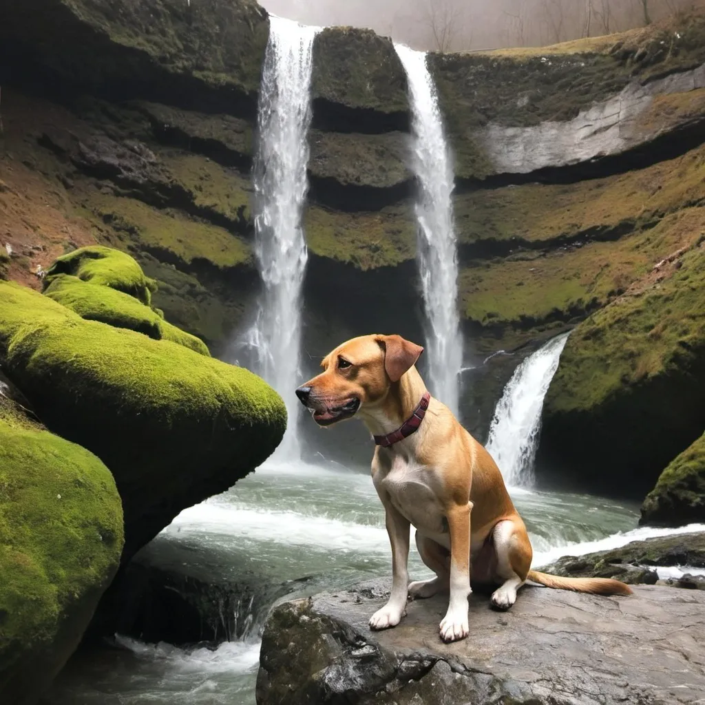 Prompt: A dog next the waterfall 