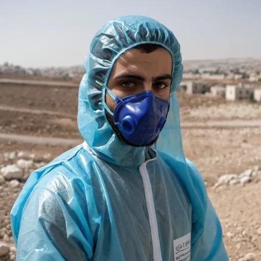 Prompt: a young palestinian man with a beard in a blue hazmat suit