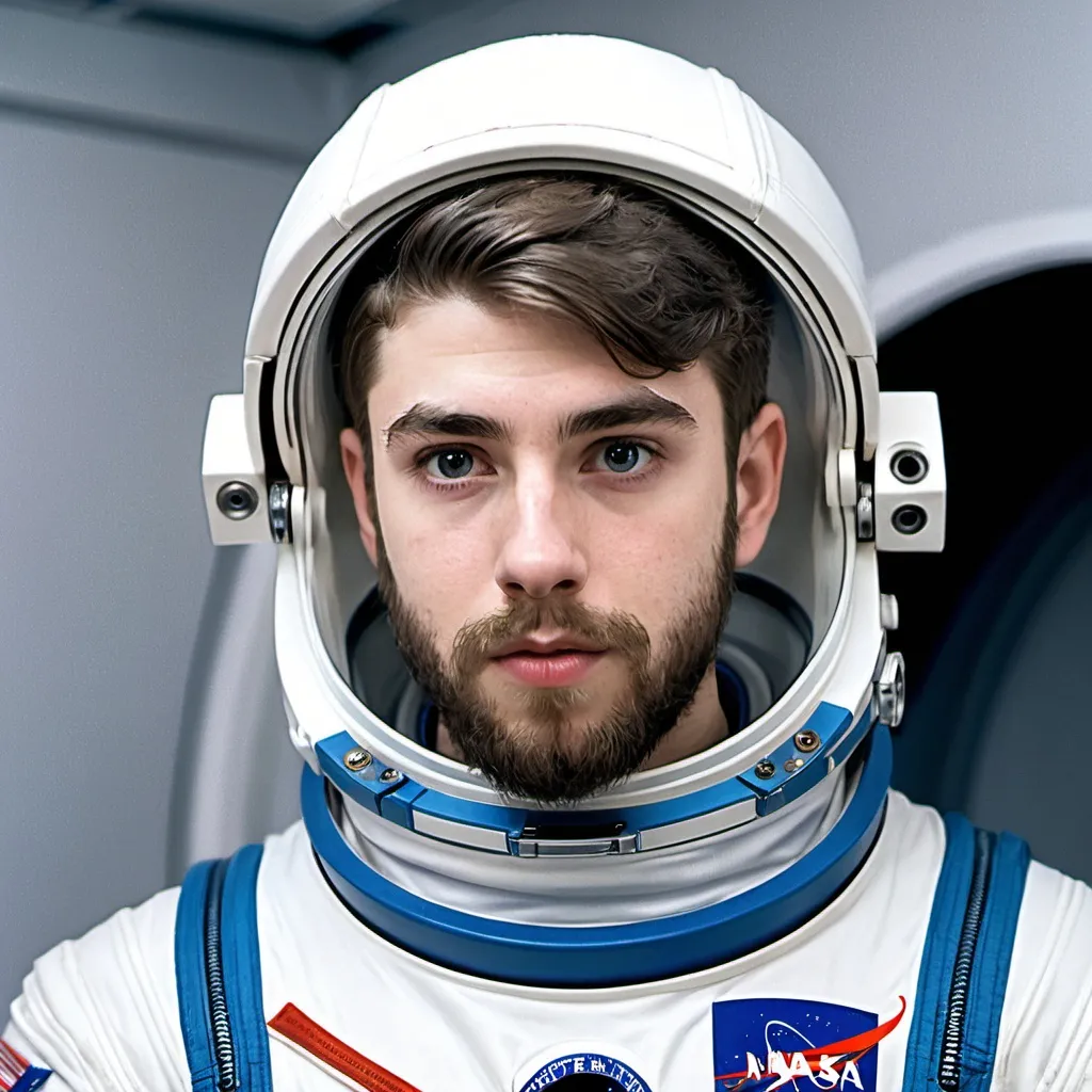 Prompt: a young man with a beard in a spacesuit