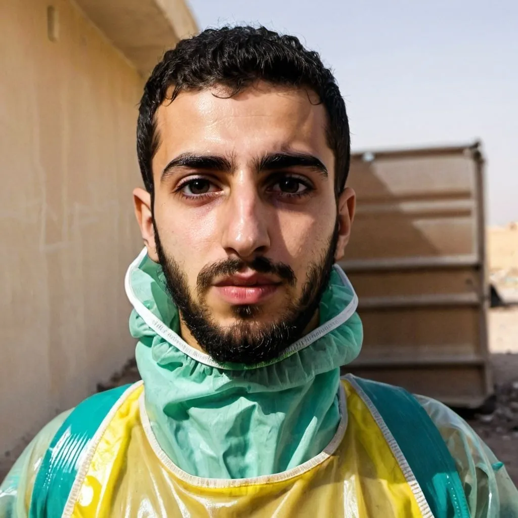 Prompt: a young syrian man with a beard in a hazmat suit