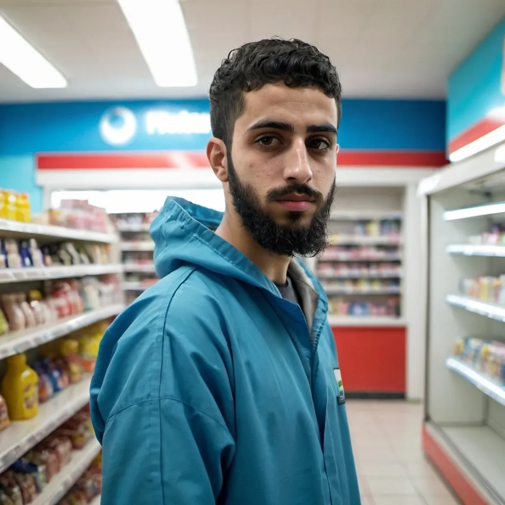 Prompt: a young palestinian man with a beard in a blue hazmat suit at a convenience store