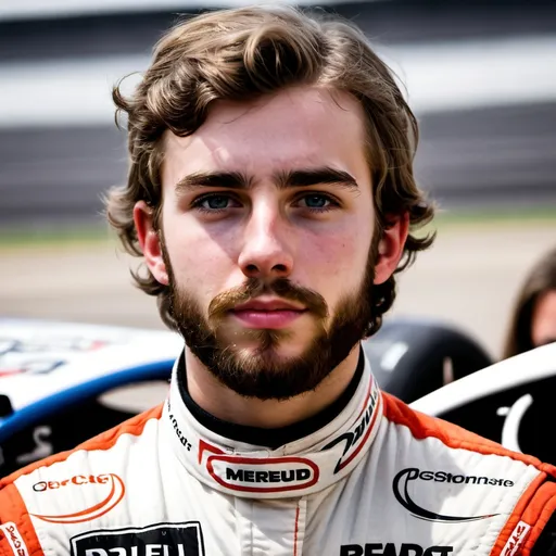 Prompt: a young racecar driver with a beard