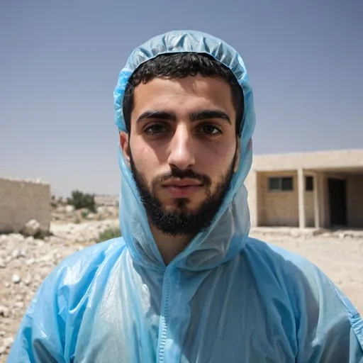 Prompt: a young palestinian man with a beard in a blue hazmat suit