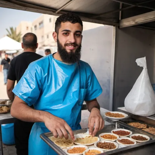 Prompt: a young palestinian man with a beard in a blue hazmat suit selling shawarma