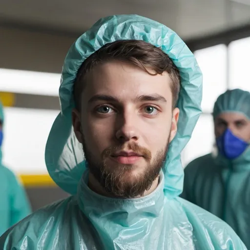 Prompt: young man with beard in hazmat suit